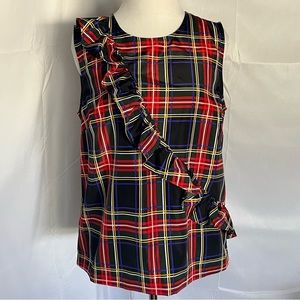 J. Crew sleeveless tartan plaid top‎ with diagonal ruffle Red Blue Plaid Size 6